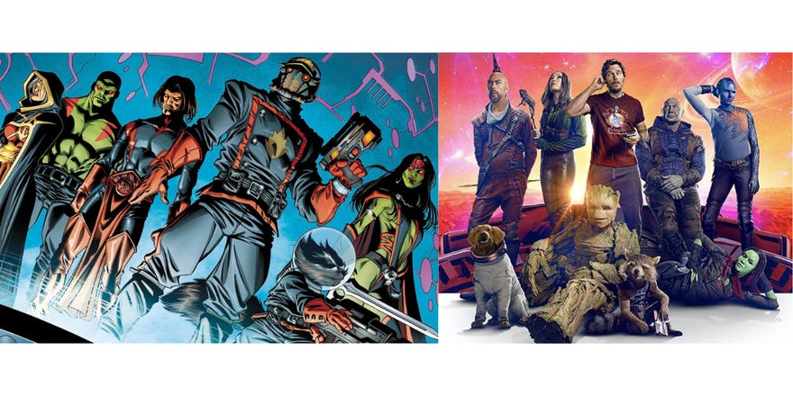 Compiled image with comic book Guardians on the left and movie Guardians on the right