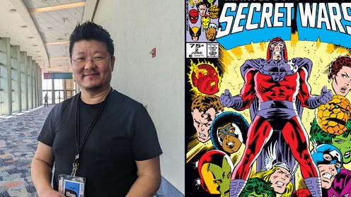 Photograph of Jae Lee in a hallway next to cropped cover of Secret Wars