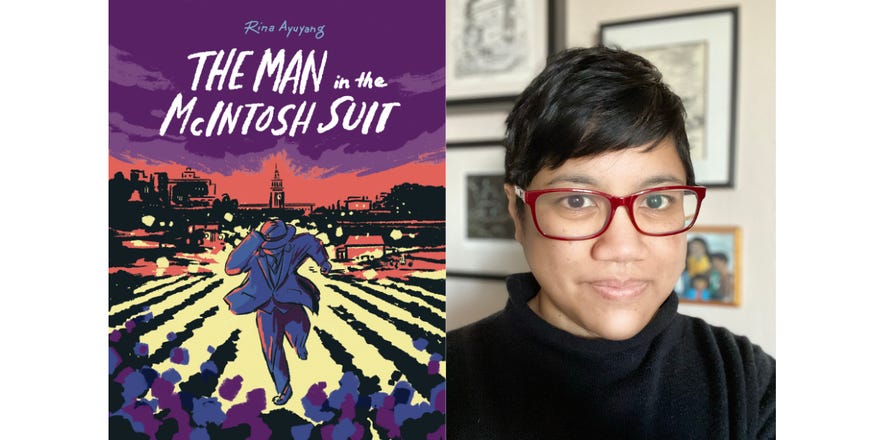 Cover of The Man in the McIntosh Suit next to a headshot of Rina Ayuang