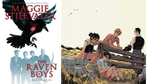Cover of The Raven Boys designed by Adam S Doyle next to promotional art by Sas Milledge