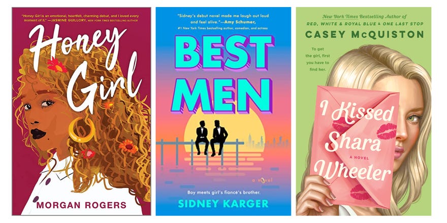 Three book covers for Honey Girl, Best Men, and I Kissed Shara Wheeler side by side