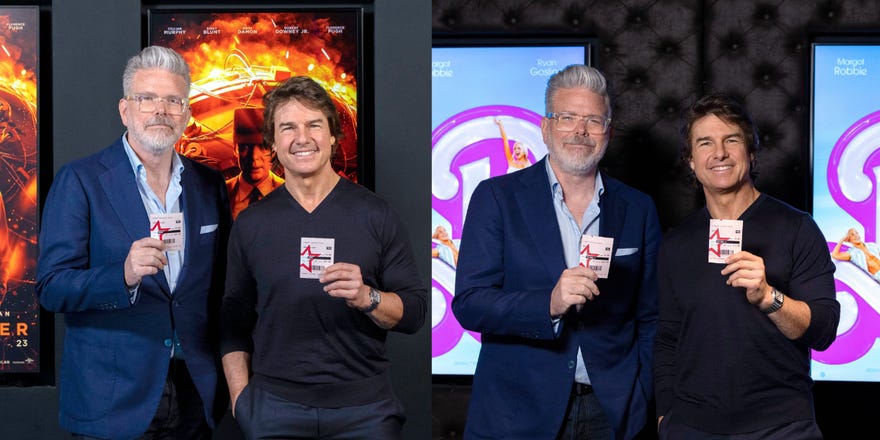 Two photos from Tom Cruise social media featuring him and Christopher McQuarrie holding up movie tickets in front of Oppenheimer and Barbie posters