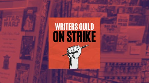 Graphic featuring writers guild on strike image over a duotone image of a comics shop