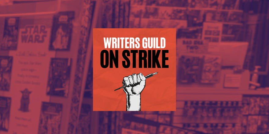 Graphic featuring writers guild on strike image over a duotone image of a comics shop