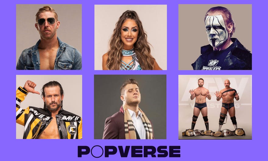 Collected headshots of AEW guest on Popverse background