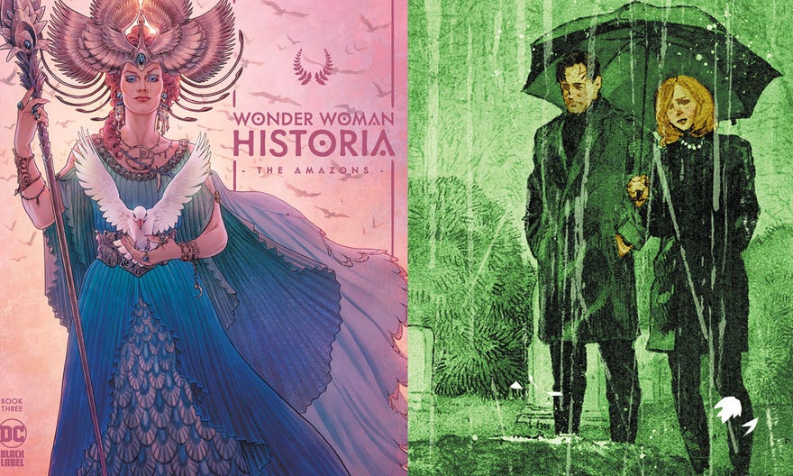 Cover from Wonder Woman Historia and interior art from Joker