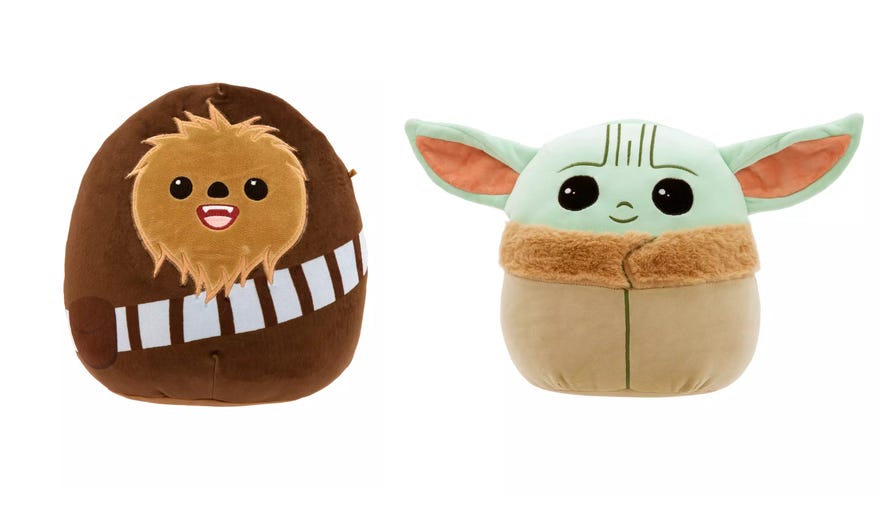 Promotional images for Chewbacca and Grogu squishmallows