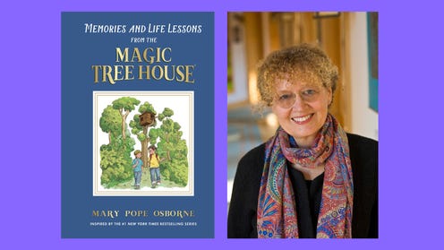 On a purple background, the cover of Memories and lessons from Magic Treehouse next to a author photo of Mary Pope Osborne