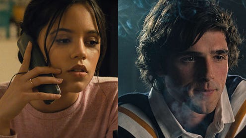 Cropped images of Jenna Ortega and Jacob Elordi from Scream and Saltburn