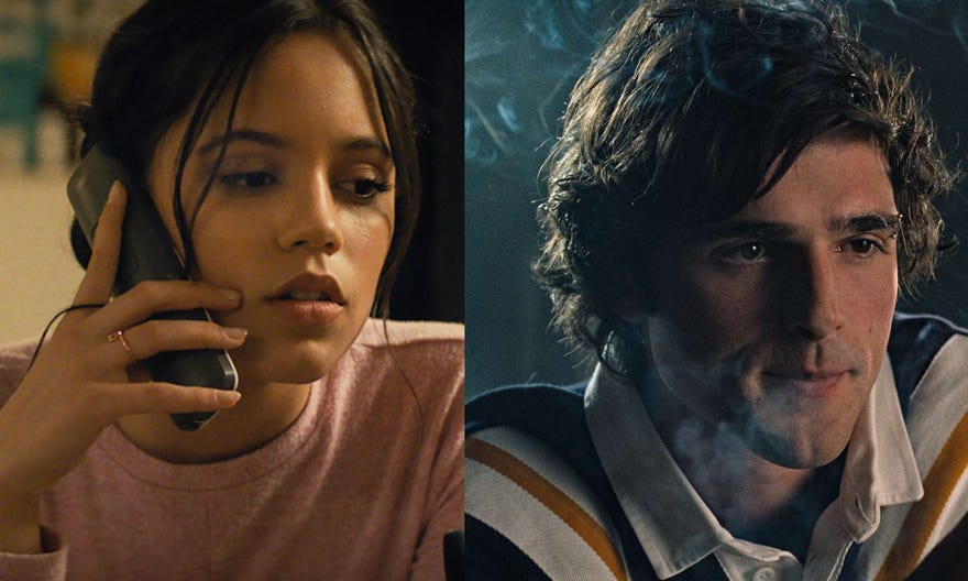 Cropped images of Jenna Ortega and Jacob Elordi from Scream and Saltburn