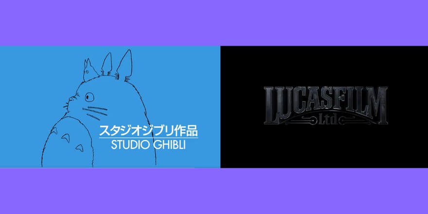 Studio Ghibli and Lucasfilm logos side by side on a purple background