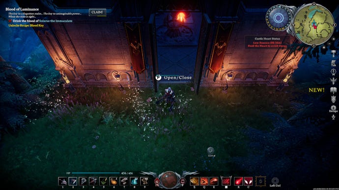 V Rising vampire standing in a dark forest near a dimly lit castle gate