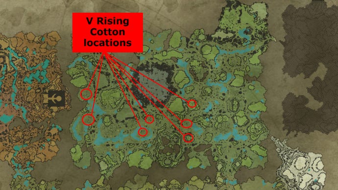 V Rising map with red lines pointing to circled locations that mark where to find Cotton.