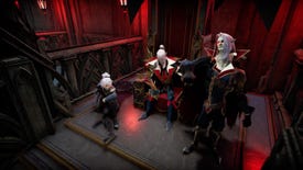 Three vampires sit atop a flight of stairs in a screenshot for V Rising's Secrets Of Gloomrot trailer
