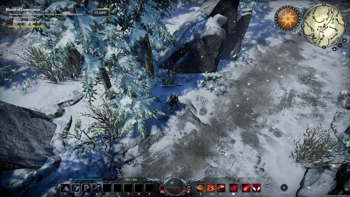 V Rising vampire stands in the shade under a tree on a snow-covered mountain