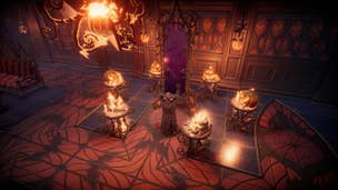 A player stands in their Halloween-themed castle in V Rising