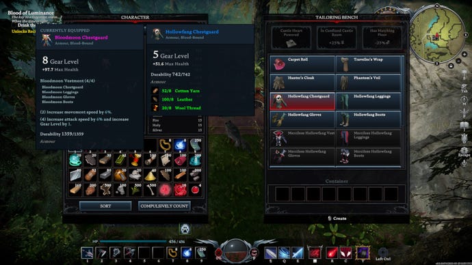 V Rising Tailoring Station interface showing the requirements to craft a piece of the Hollowfang Battlegear armor set
