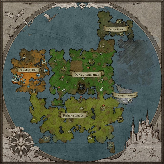 Full V Rising map, showing all four main regions: Farbane Woods (South), Dunley Farmlands (North), Cursed Forest (northeast), and Silverlight Hills (northwest).