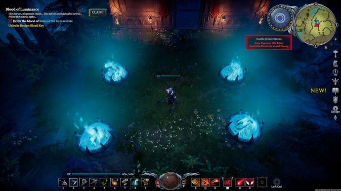 A V Rising vampire stood outside, surrounded by four blue fires known as mist braziers, which slightly illuminate the surroundings.