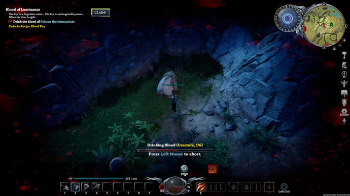 V Rising player feeding on a bear with Creature blood type and 1% blood quality in a dark forest.