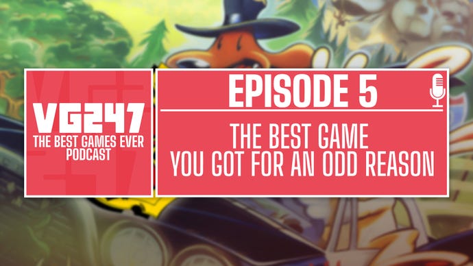 Best Games Ever Podcast Episode 5 header image - Best Game you got for an odd reason, overlaid on top of Sam and Max Hit the Road.