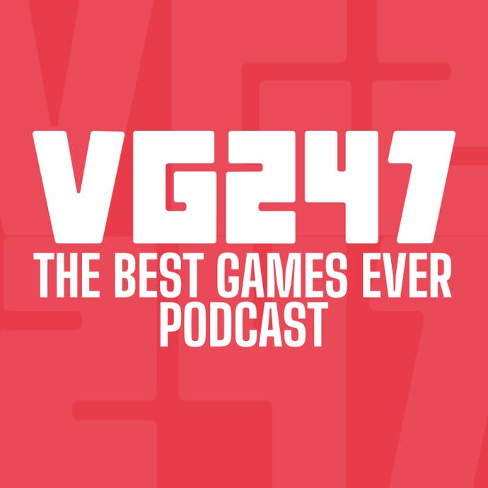 Logo für den besten Spiele-Podcast von VG247 aller Zeiten.  Weißer Text auf rotem Hintergrund.
