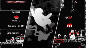 Screenshots of Downwell gameplay are show, with Wellarto himself falling down into the well as the centerpiece