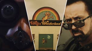 Three images are shown beside one another. From left to right: an animatronic stares into the camera, the front door of Willy's Wonderland is shown, and Nicolas Cage faces the character while tilting his sunglasses down