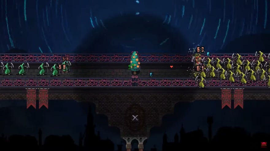 A christmas tree fends of hordes of monsters with a dark aura on a tiny bridge
