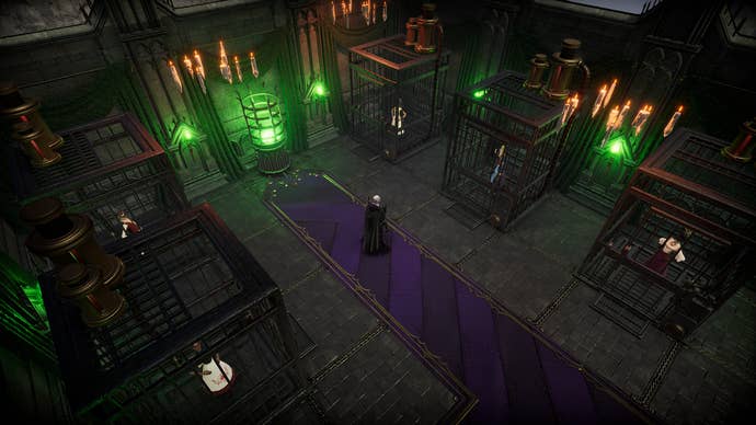 V Rising, the character is standing in the middle of a room in their castle that is filled with cages that have people locked inside them.
