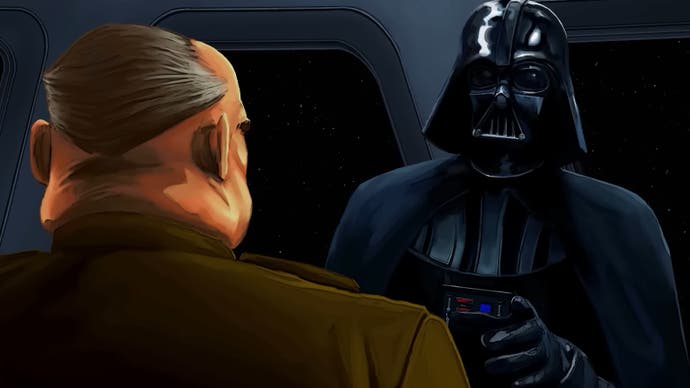 A Star Wars: Dark Forces Remaster screenshot showing an illustrated in-game cut-scene of Darth Vadar in conversation with one of his officers.