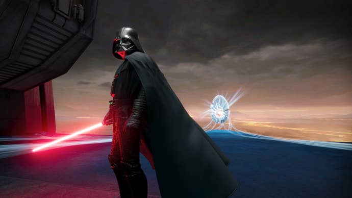 Darth Vader stands with his lightsaber on show in Vader Immortal