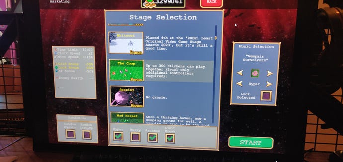 Picture of a monitor showing a stage select screen in Vampire Survivors Directer's Cut