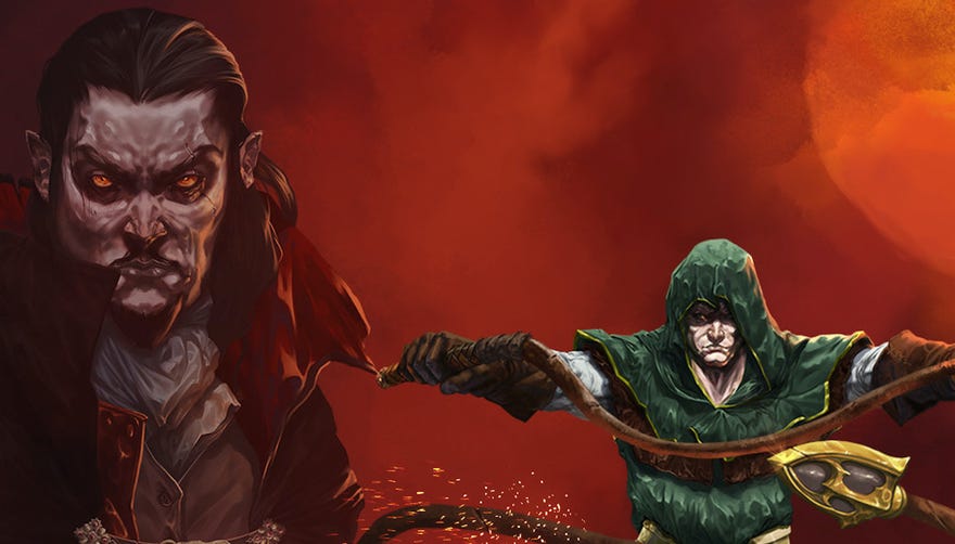 Green hooded man prepares his whip with a spooky vampire looming in the background in Vampire Survivors art