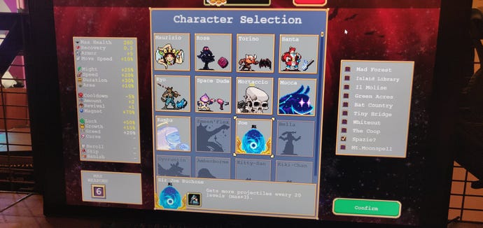 Picture of a monitor showing a character select screen in Vampire Survivors Directer's Cut
