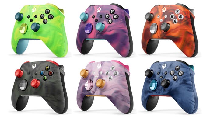 Six Xbox controllers in different shades of the Vapor, misty pattern