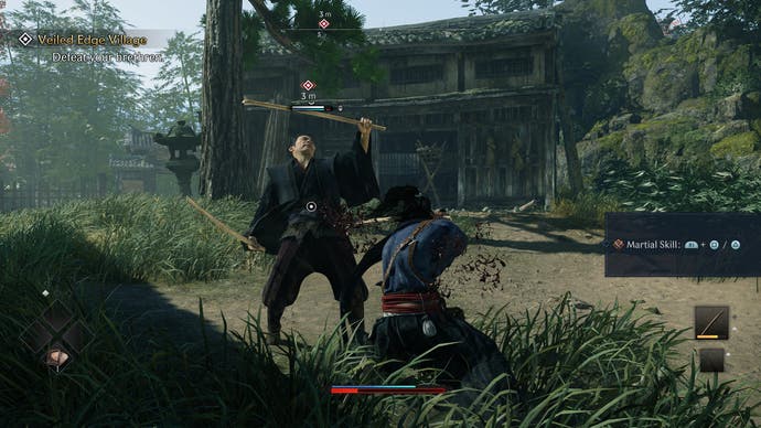 Capture d'écran officielle de Rise of the Ronin montrant un tutoriel de combat alors qu'un ennemi est vaincu