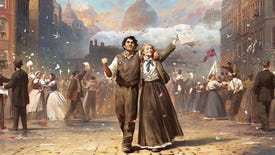 Victoria 3 artwork showing a man and a woman standing in front of a group of people celebrating in Victorian-era London.