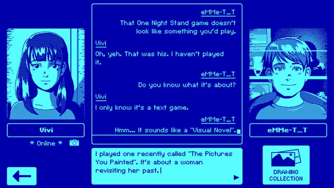 A text chat between Emmett and Vivi in Videoverse on a dark and light blue background