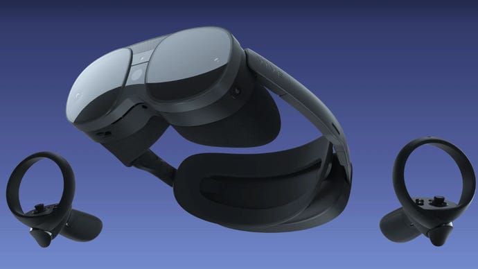 De Vive XR Elite VR-headset en zijn controllers.