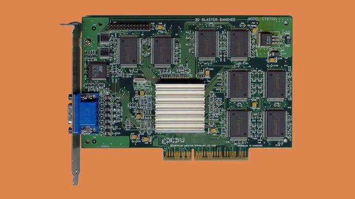 The 3dfx Voodoo Banshee AGP graphics card against an orange background.