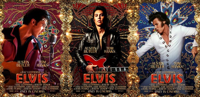 Three Elvis posters side by side, featuring Austin Butler in three different Elvis outfits