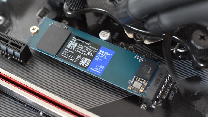 The WD Blue SN570 SSD installed in a motherboard's M.2 slot.