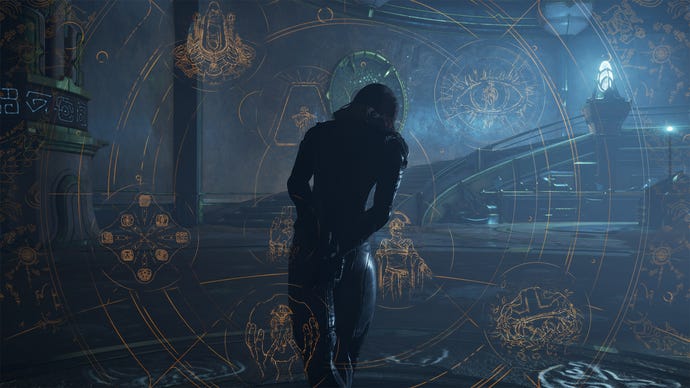A shadowy figure walks toward the player in a laboratory in Warframe