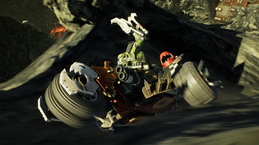 An orc rides a motorbike in Warhammer 40K: Speed Freeks