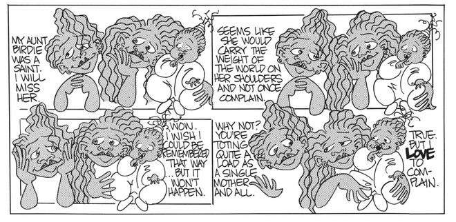 Four panel black, white, and greytone comic featuring two women and a baby