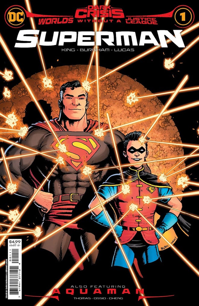 Cover of Superman, featuring bullets richocheting off of an aged Superman and Jonathan Kent in a Robin-esque