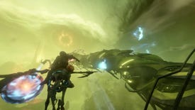 Alien horse flies alongside a big worm monster in Warframe's Duviri Paradox update