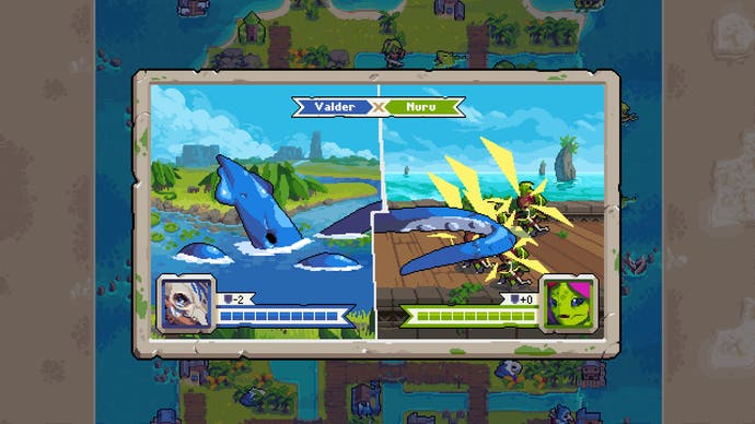 A battle animation in Wargroove 2- a giant skid attacks land units from deep water.