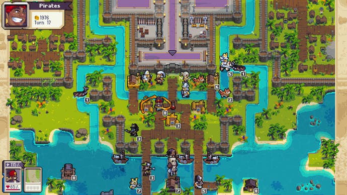 A level map in Wargroove 2 with lots of units in play.